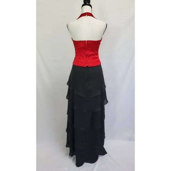 Elegant Ball Formal Red Halter Top & Black Tiered Skirt 2pc Set - Picture 2 of 5